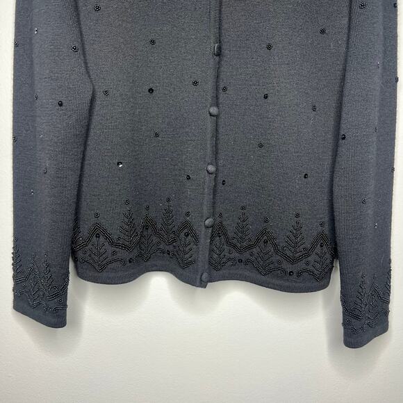 Talbots 100% Wool Beaded Cardigan Sweater Women's L Button Vintage Black Holiday - Picture 4 of 11